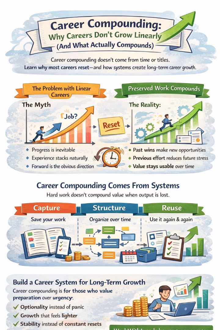Illustration comparing linear career growth with career compounding, highlighting capture, structure, and reuse as the source of long-term growth.