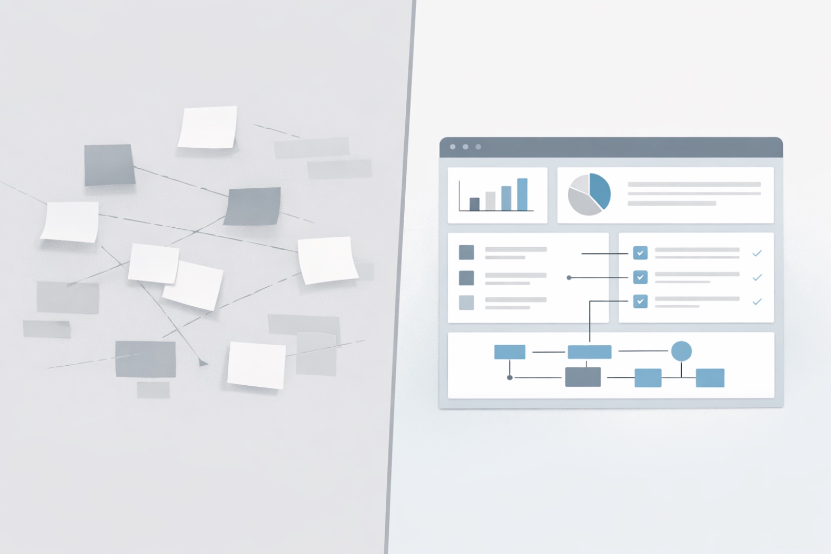 Minimal illustration showing fragmented memory notes contrasted with a structured documentation dashboard, representing explaining work achievements through a career achievement tracker.