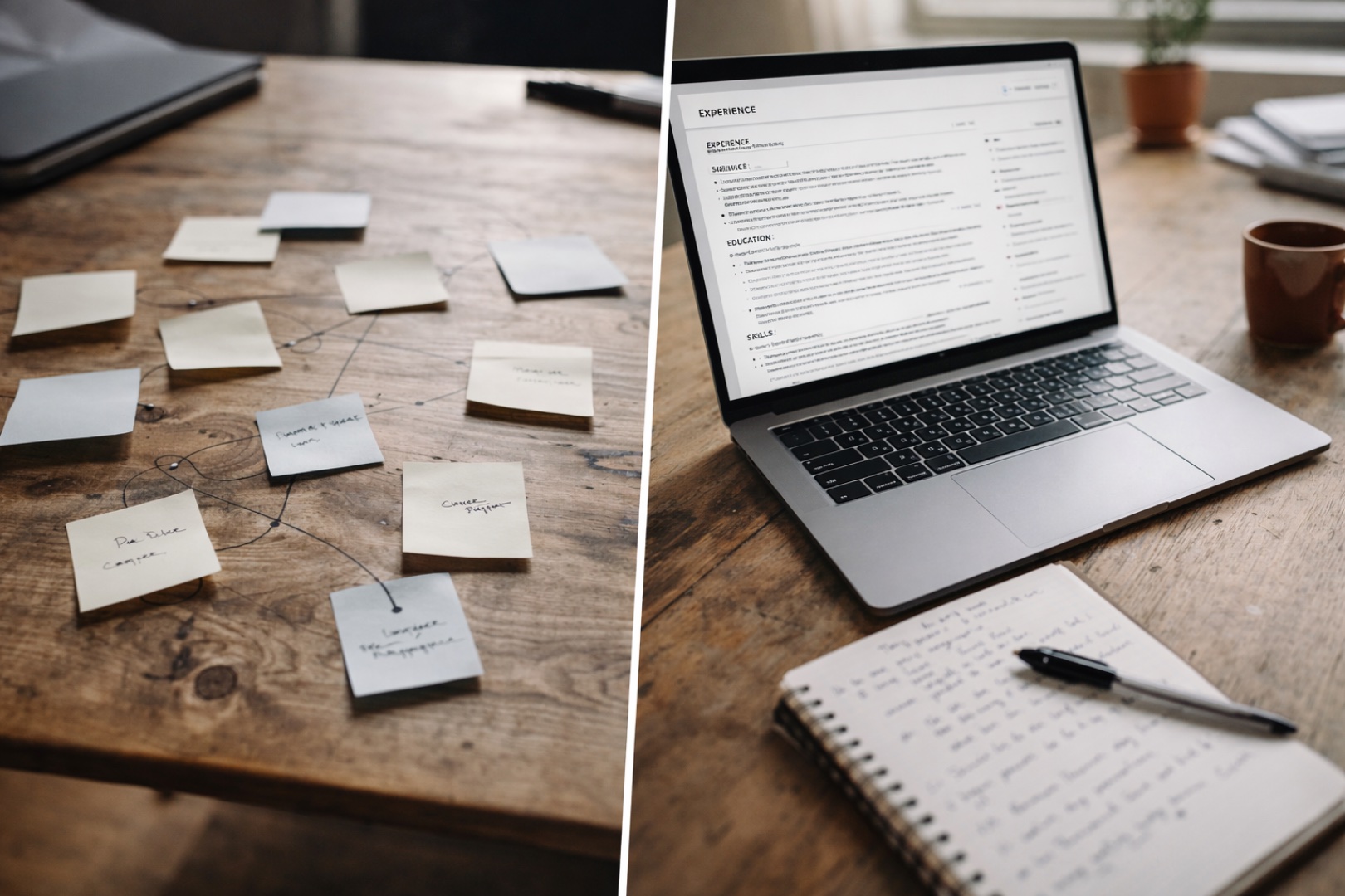 Minimal split-screen illustration showing scattered career notes on one side and a structured resume generated from documented work on the other, representing resume writing as an output of a career documentation system.